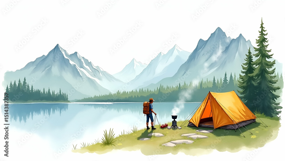 Fototapeta premium Backpacker Lifestyle: Camping Beside Serene Alpine Lake with Portable Tent & Compact Stove - Embrace Minimalist Outdoor Living in Stunning Photo Stock Concept