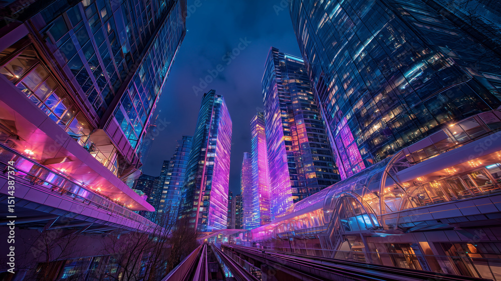 Obraz premium Vibrant floating monorail glides through futuristic cityscape, surrounded by towering glass buildings illuminated shades of purple and blue. atmosphere is electric and captivating, showcasing