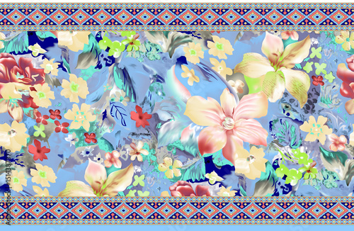 Fototapeta Naklejka Na Ścianę i Meble -  watercolor textile flower border pattern on textures background