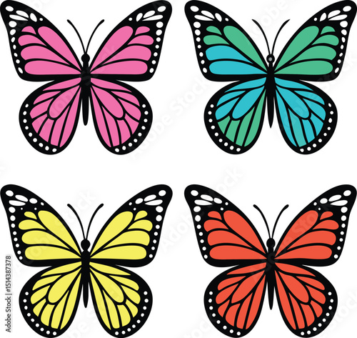 Four colorful butterflies with black outlines and white dots on a white background in a square layout photo
