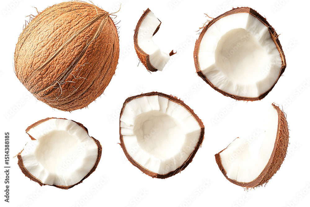 Whole coconut and pieces falling in air isolated on transparent PNG Whole coconut and pieces falling in air isolated on transparent PNG