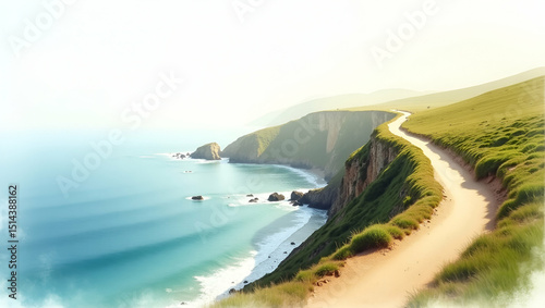 Breathtaking Coastal Road: A Cinematic Journey from High Cliffs - Inspiring Wanderlust & Endless Exploration in Travel Photography | Photo Stock Concept