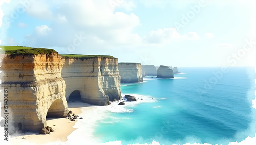 Majestic Sea Cliffs: Stunning Coastal Photography of Towering Cliffs and Turquoise Waves Under a Clear Sky - Perfect for Stock Photo Collections