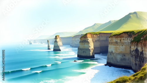 Majestic Vantage: Towering Sea Cliffs Meet Turquoise Swells Under Crystalline Sky - Coastal Geology & Vertical Landscapes in Photo Stock Concept