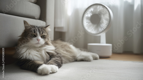 Pet cat relaxing next to smart fan in cozy indoor setting, enjoying cool breeze on warm summer day. serene atmosphere enhances feeling of comfort and tranquility