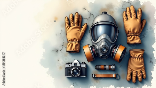 Essential Urban Exploration Gear Flat Lay: Respirator, Gloves, Headlamp & Full Frame Camera on Distressed Steel Background for Editorial Use - Perfect for Photo Stock with Space for Text