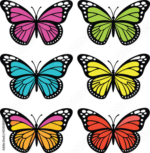 Six colorful butterflies with black outlines and white spots on a white background displayed in two rows