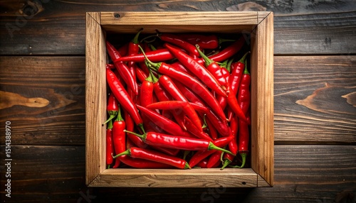 Caja de madera con chiles rojos en un fondo oscuro
