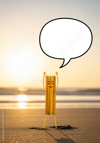 Happy cartoon churro character with speech bubble on beach at sunset – funny food illustration for summer, humor, and social media