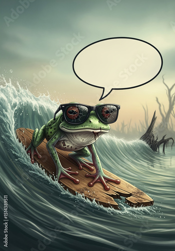 Cool frog surfing on wooden board wearing sunglasses with speech bubble – whimsical animal adventure on dramatic ocean wave