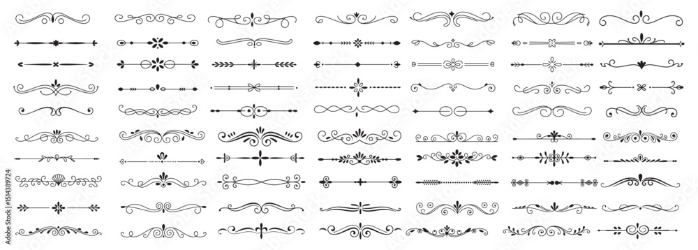 Elegant decorative dividers, ornate line separators, vintage flourish designs, whimsical borders, and charming embellishments for creative projects vector