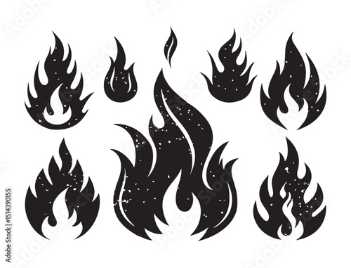 Grunge Fire Flame Silhouette Set - Distressed Vector Burning Icons Collection

