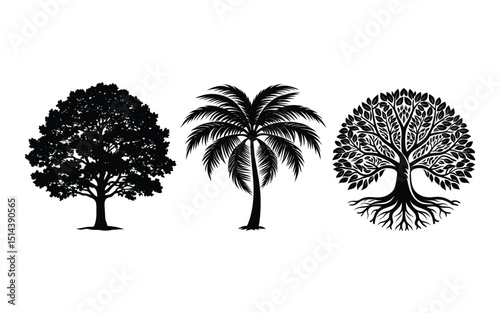Black tropical palm tree silhouette vector illustration, a nature design symbol.
