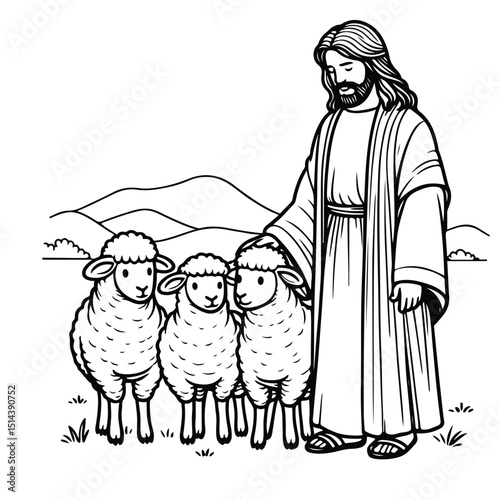 Line art of Jesus with his sheeps cartoon vector