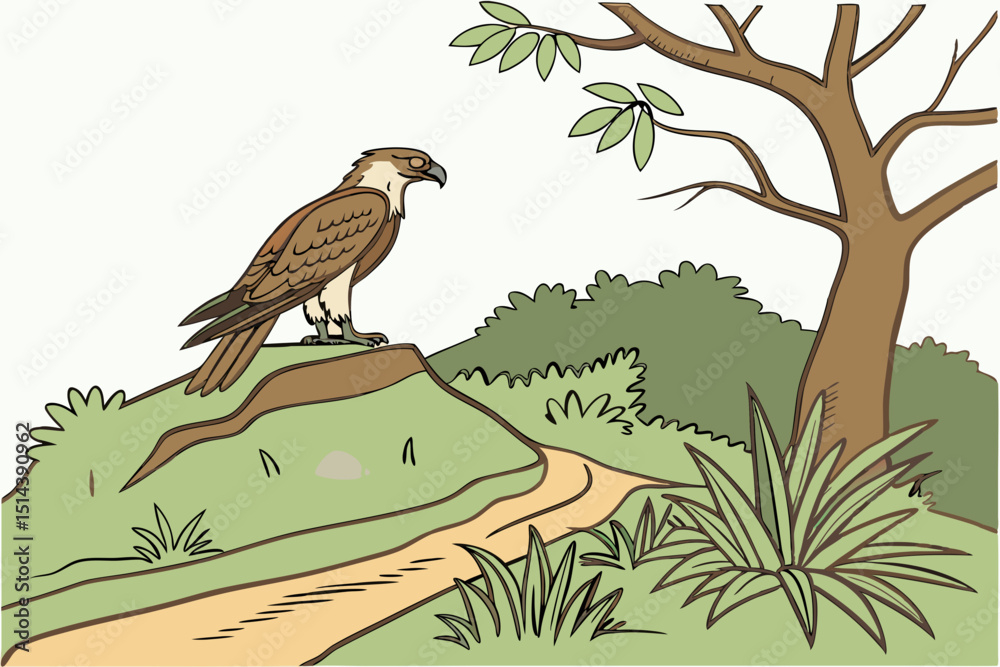 Fototapeta premium Cartoon Osprey Bird Perched on Hilltop with Tree and Path Illustration