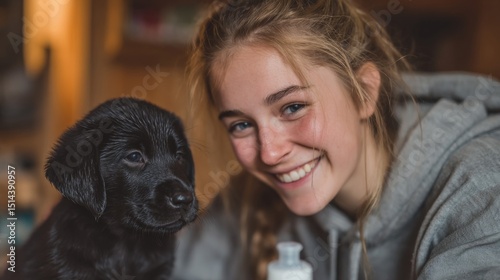 Happy Girl and Wet Black Labrador Puppy