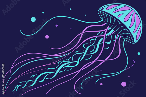 Stylized Jellyfish Illustration with Tentacles and Polka Dots on a Dark Background