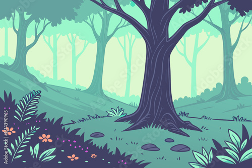 Stylized Forest Illustration with Trees Bushes and Flowers in Cool Tones