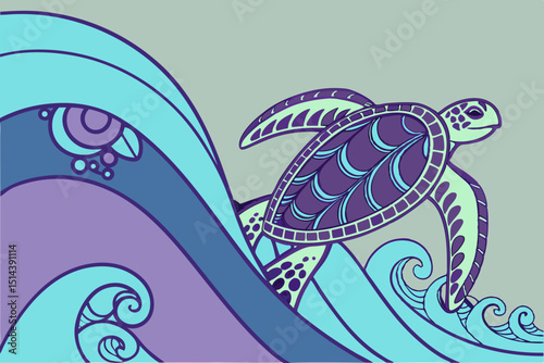 Sea Turtle Swimming Through Waves in a Colorful Graphic Illustration