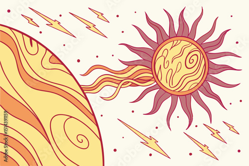Stylized Celestial Scene with Sun Planet Lightning Bolts and Cosmic Energy