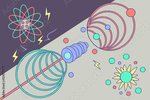 Abstract Science Illustration with Atoms Lightning and Geometric Shapes