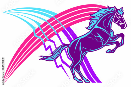 Vaporwave Horse with Lightning and Rainbows Retro Style Purple and Teal