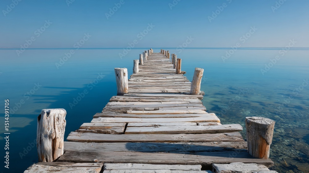Fototapeta premium Weathered Wooden Pier Extending into Calm Turquoise Ocean