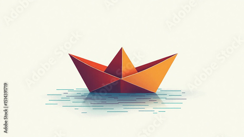 Origami paper boat floating on water in a minimalist style with a soft color palette