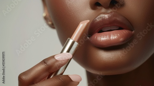 Applying shimmering lip balm for a kissable glow enhancing natural beauty with delicate nude shades
