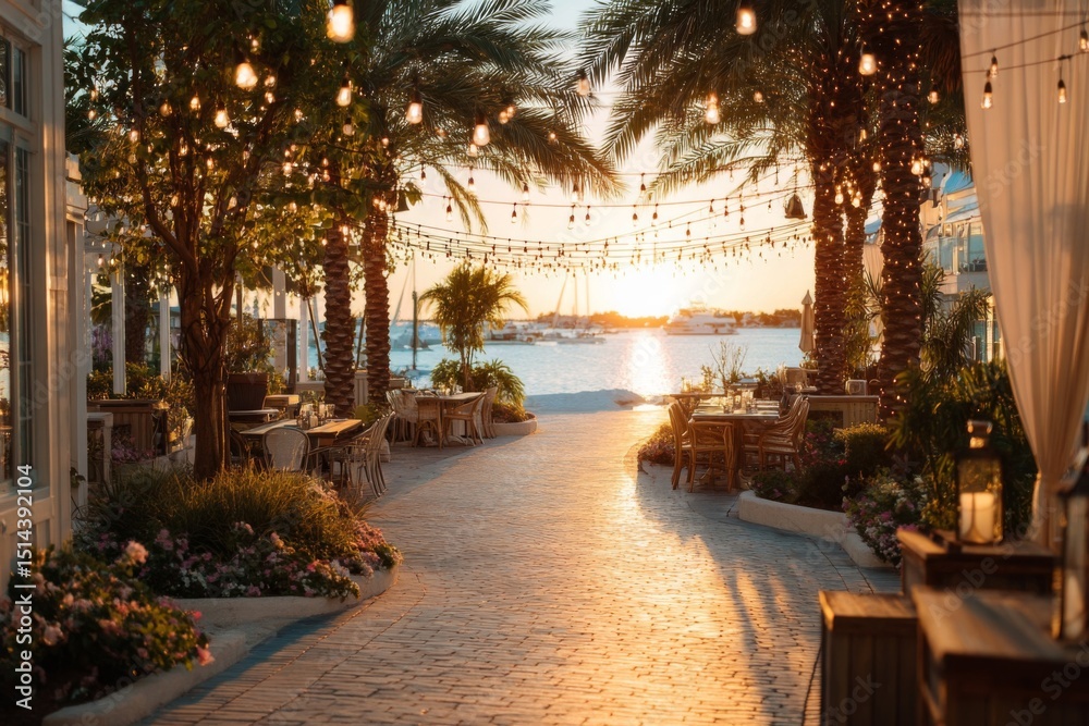 Obraz premium Sunset Beachfront Restaurant Pathway With String Lights