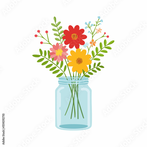 A cozy bouquet in a jar with wild garden flowers, ideal for homemade or craft-style designs.