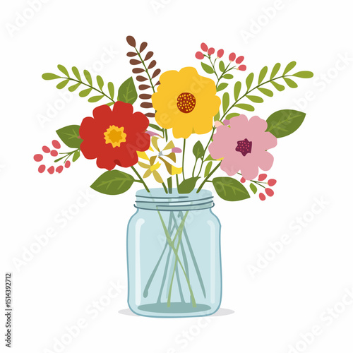 A cozy bouquet in a jar with wild garden flowers, ideal for homemade or craft-style designs.