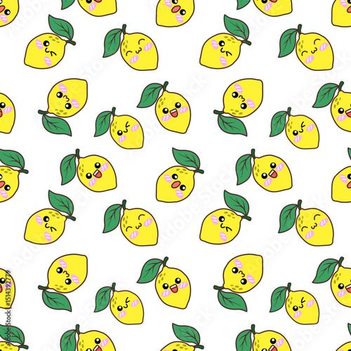 Cute Kawaii Lemon Seamless Pattern on White Background