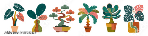 Colorful abstract funky house plants in pots, mid-century modern retro style with geometric patterns, perfect for vibrant, stylish decor and graphic design projects