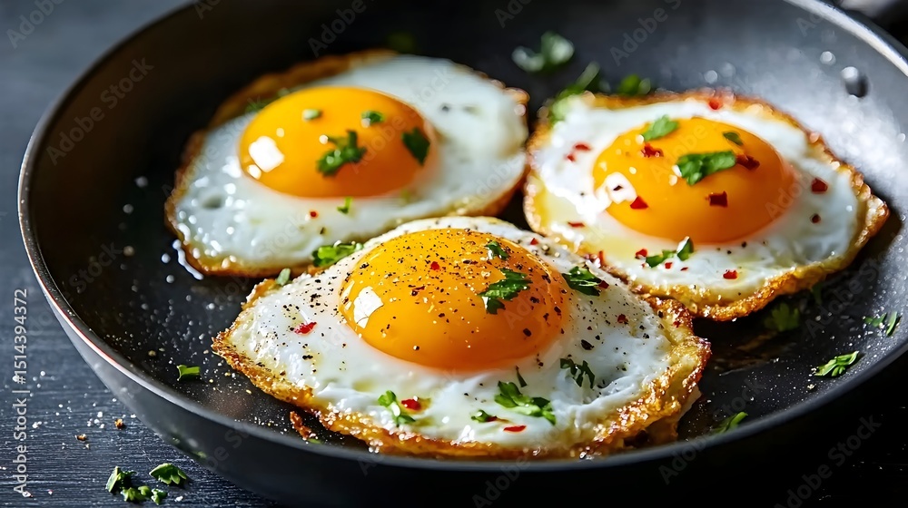 Three sunny-side up eggs, fried to a golden crisp, seasoned with pepper and parsley in a dark skillet Three sunny-side up eggs, fried to a golden crisp, seasoned with pepper and parsley in a dark skillet