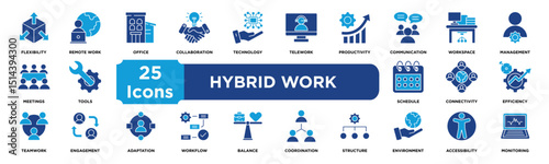 Hybrid Work icon collection set. Containing flexibility,remote,office,collaboration,technology,telework,productivity,communication,workspace,management icon. dual tone vector.	