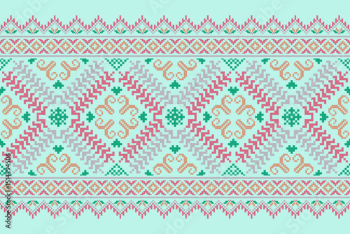 Cross stitch pattern concept showcasing traditional ethnic geometric pattern, Design for textile, background,carpet,wallpaper,clothing,wrapping,Batik,fabric,Vector illustration	

