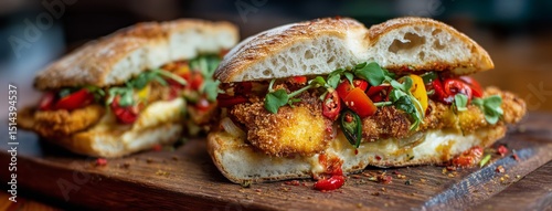 Crispy aubergine schnitzel sandwich with chilli and ciabatta bread