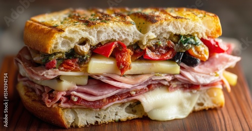 Rustic sourdough muffaletta sandwich stacked with meats and cheese
