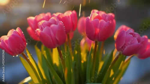 Fresh pink tulips with dew in sunlight, creating a vibrant spring scene.