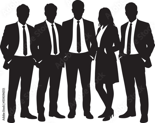 Vector silhouettes of men and a women, a group of standing business people, profile, black color isolated on white background
