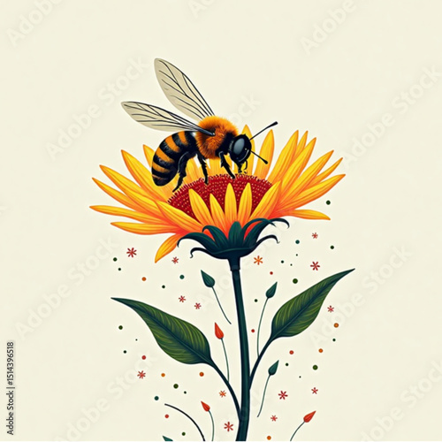 Vibrant bee perched on a colorful flower in a detailed and artistic illustration