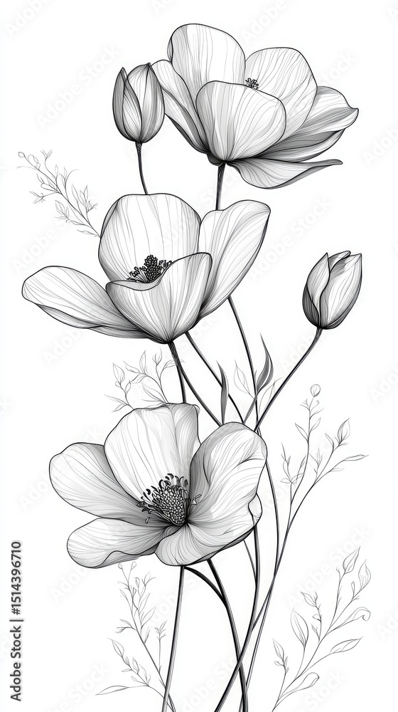 Obraz premium Elegant monochrome illustration of delicate floral arrangements.