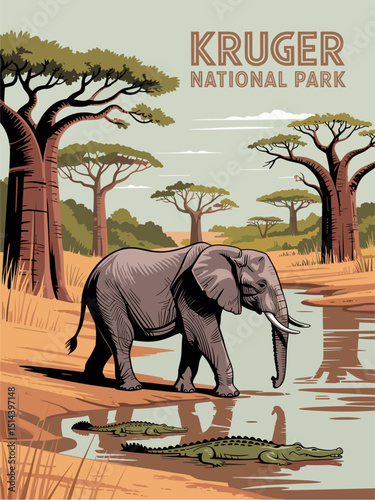 Vintage retro-style Kruger National Park travel poster vector featuring iconic wildlife and landscapes, perfect for safari, adventure, and African travel designs