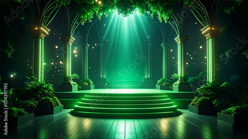 A grand platform surrounded by lush greenery and towering architectural columns, bathed in emerald lighting. A focused overhead beam enhances the enchanting, dramatic atmosphere with glowing orbs in t