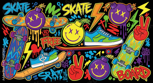 Vibrant skateboard culture vector illustration: skateboards, shoes, graffiti, and playful elements. Perfect for backgrounds, posters