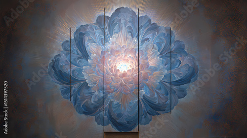 design for sacred geometry expo | divine harmony | spiritual ecstasy | translucent rose and pale blue | trinitarian framing | ascending souls | radiant drapery detailing | glazed layering | mythical photo