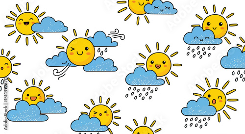 Adobe Illustrator Artwork Adorable seamless pattern of kawaii suns and clouds with various weather expressions: sunny, rainy, windy, and shy. Perfect for children's designs