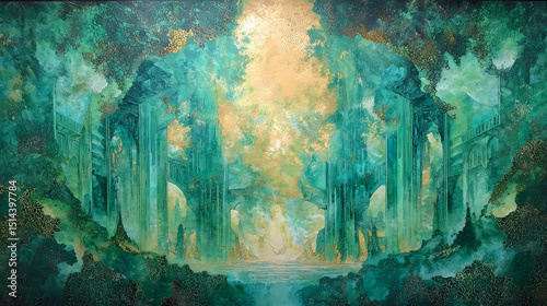 decor for meditation sanctuary | initiation through light | divine serenity | emerald and topaz blend | trinitarian framing | crystalline temples | transparent flesh modeling | diffused luminance |