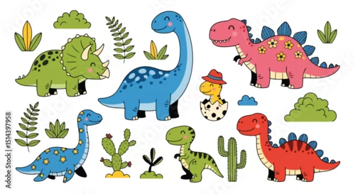 Fototapeta Adobe Illustrator Artwork Set of Adorable cartoon dinosaur collection with various species and playful expressions, surrounded by cheerful plants. Perfect for children's designs and prehistoric themes